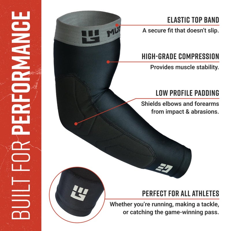 MudGear Padded Arm Sleeves, Compression Elbow Protection with Non-Slip Sweat-Resistant Design for OCR, Baseball, Football, Ideal for Men, Women and Youth, Large, Black/Gray - Image 3